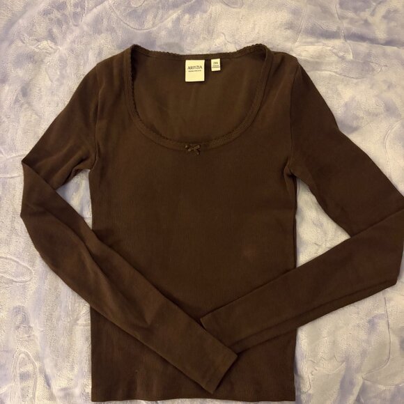 NWOT Aritzia HomeStretch Rib Lace Scoopneck Longsleeve in Rich Mocha Brown - Picture 2 of 9